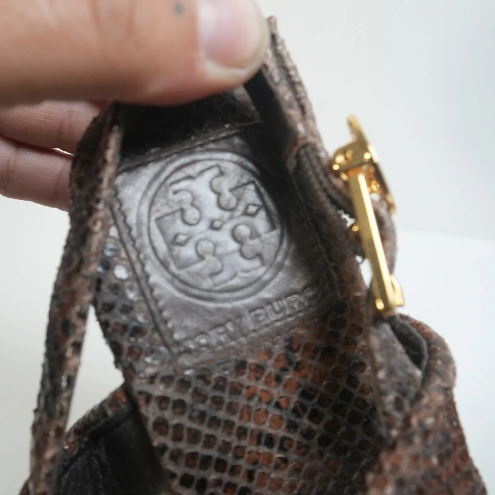 Tory Burch Karmen Platform Sandals 7M Brown Snakeskin Wood‎ Block Heel Gold
